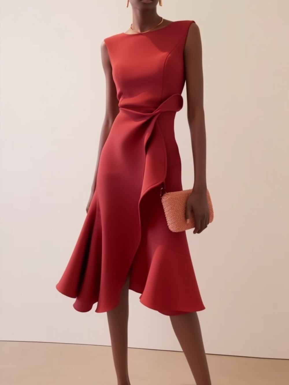Fehaute Womens Ruffled Asymmetric Midi Dress Size 4 Red Sleeveless Boat Neck NWT